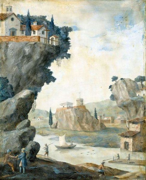 Scagliola di Enrico Hugford: Paesaggio fluviale con picco roccioso