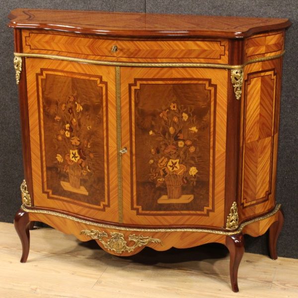 Credenza francese con intarsi floreali in varie essenze